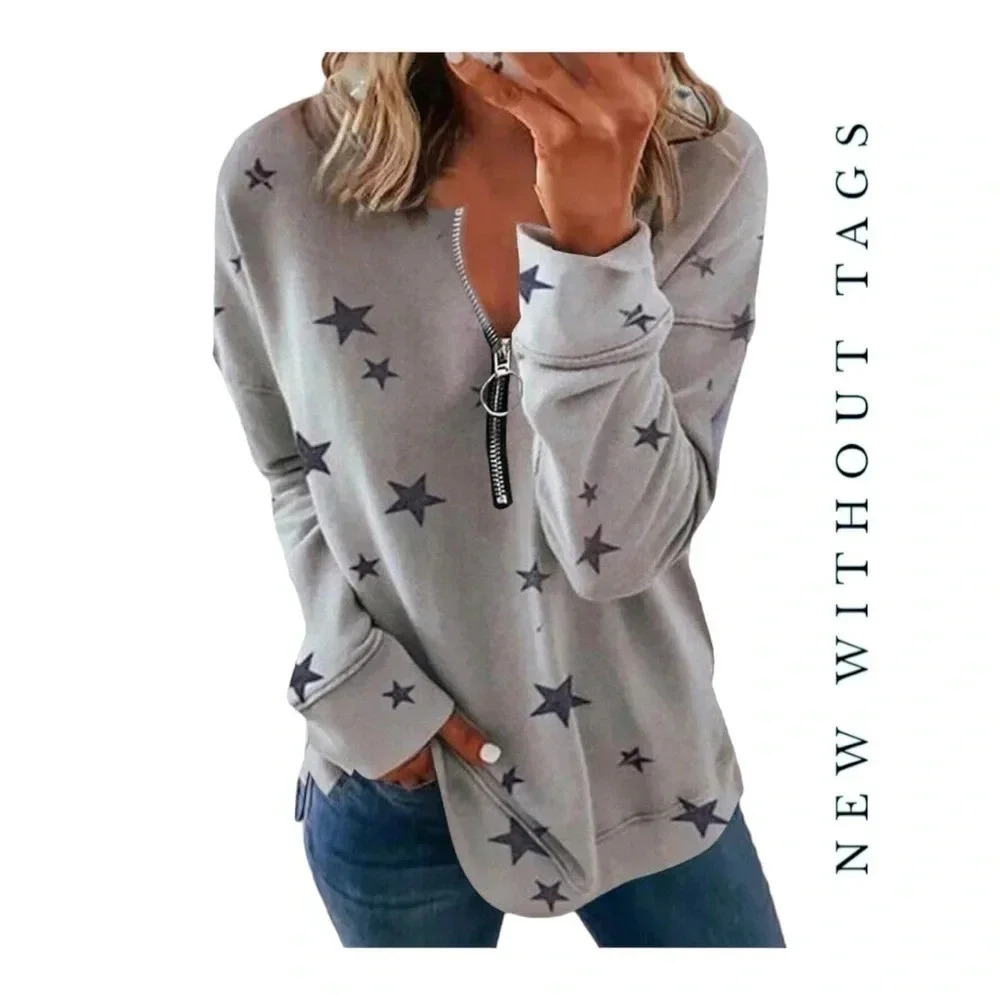 1291. NO BRAND‎ LONG SLEEVE TOP 1/2 ZIP GRAY WITH NAVY BLUE STARS SIZE X-LARGE